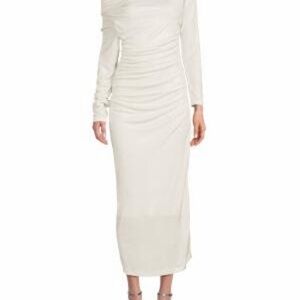 Renee C. Cream Long-Sleeve Ruched Midi Dress